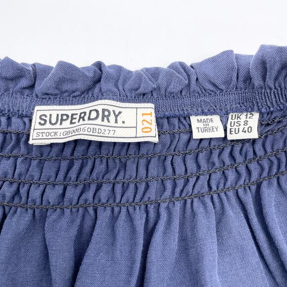 Superdry Womens US 8 Chambray Denim Off Shoulder Mini Dress Short Sleeve Boho - Picture 8 of 9